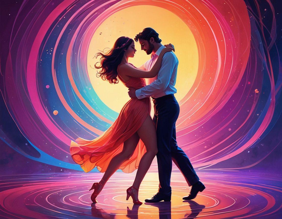 A colorful and imaginative scene depicting two animated characters engaging in an intimate dance, symbolizing connection and passion. Surround them with soft, flowing lines and abstract shapes to convey the fluidity of relationships. Incorporate vibrant hues and playful details to enhance the erotic atmosphere. Place them against a dreamy, whimsical background filled with subtle nods to classic adult film art. vibrant colors. digital art. whimsical style.