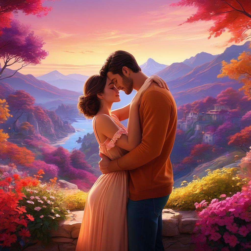 A romantic and intimate setting featuring a couple embracing softly, surrounded by animated elements representing adult entertainment, such as playful, colorful graphics. The background should blend a dreamy landscape with subtle hints of animation, emphasizing sensuality and connection. Use warm, inviting colors to create an atmosphere of intimacy and allure. super-realistic. vibrant colors.