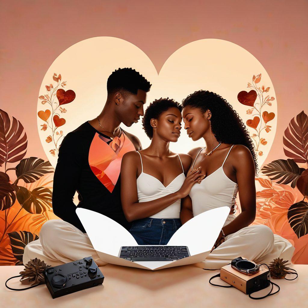 A visually striking collage depicting diverse couples engaging in intimate moments, intertwined with symbols of adult content, such as tasteful erotic art and digital devices. Incorporate elements like a heart-shaped motif, a subtle backdrop of soft lighting, and a spectrum of skin tones to celebrate inclusivity. Evoke a sense of connection and exploration amidst a stylish, modern setup. surrealistic. warm tones. soft focus.